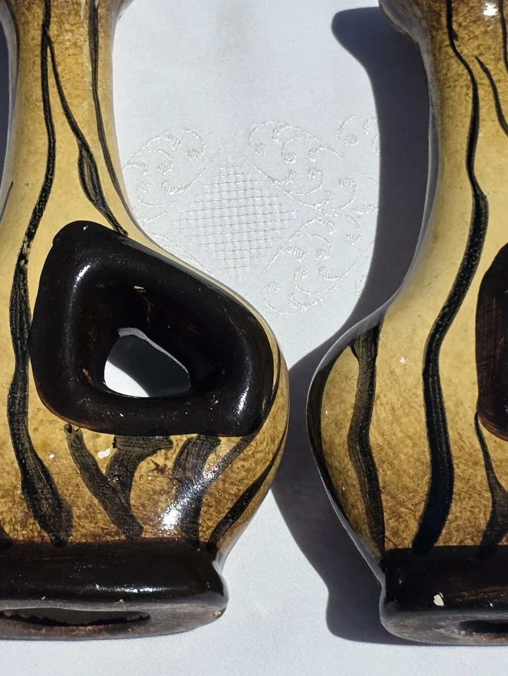 VTG Mid-Century Modern Yellow & Black Pierced Ceramic Candlestick Trio - As Is